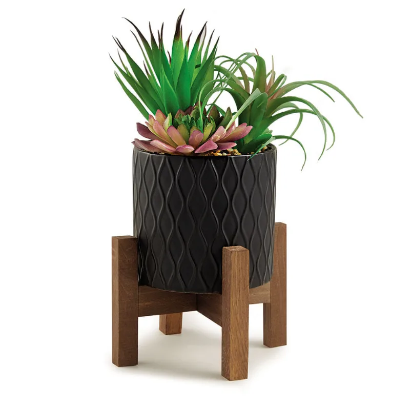 Cachepot C/ Suculenta Permanente Ceramica Preto 11661