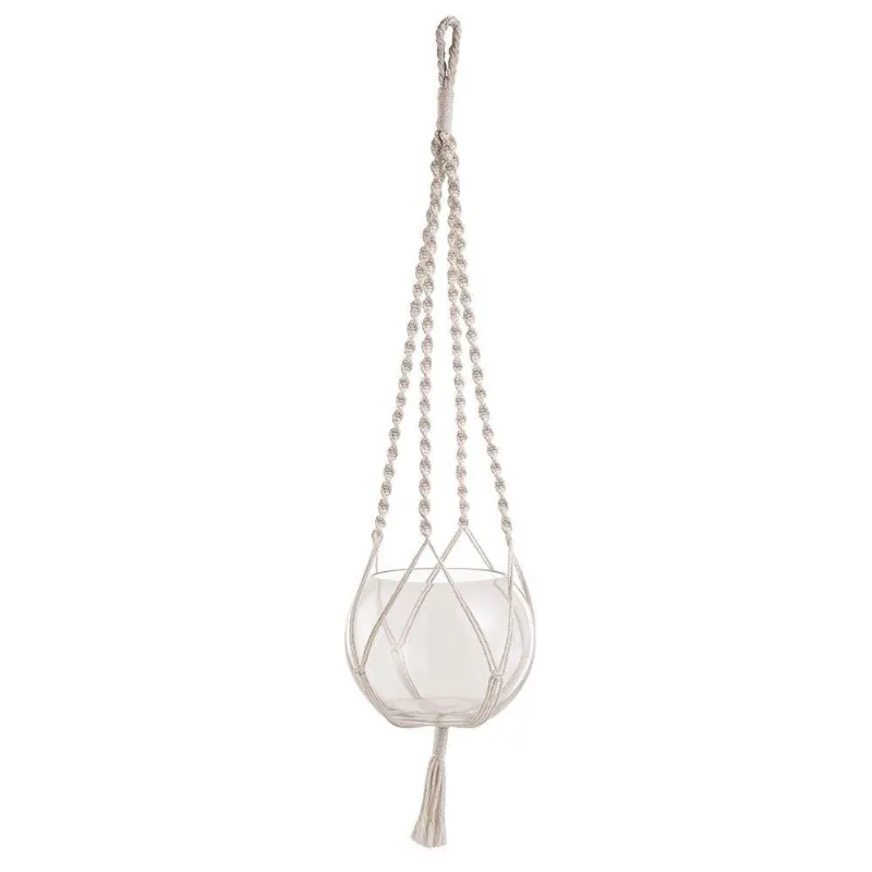 Cachepot Pendente Em Vidro E Macramê Branco 80x20cm