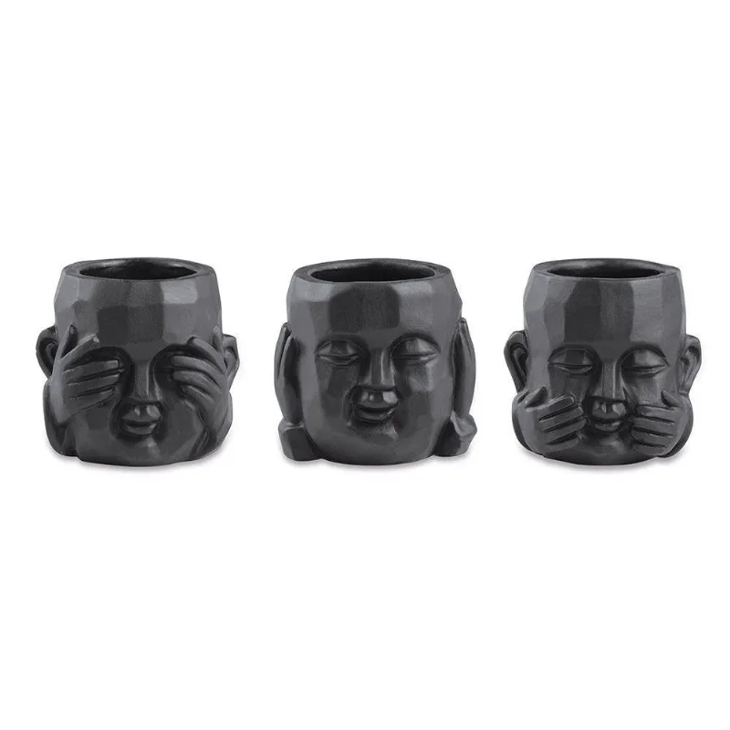 Kit 3 Cachepot Buda Sabedoria Preto em Cimento