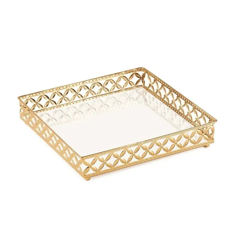 Bandeja Quadrada Dourada em Metal Espelhada 21x5cm 12009 Mart