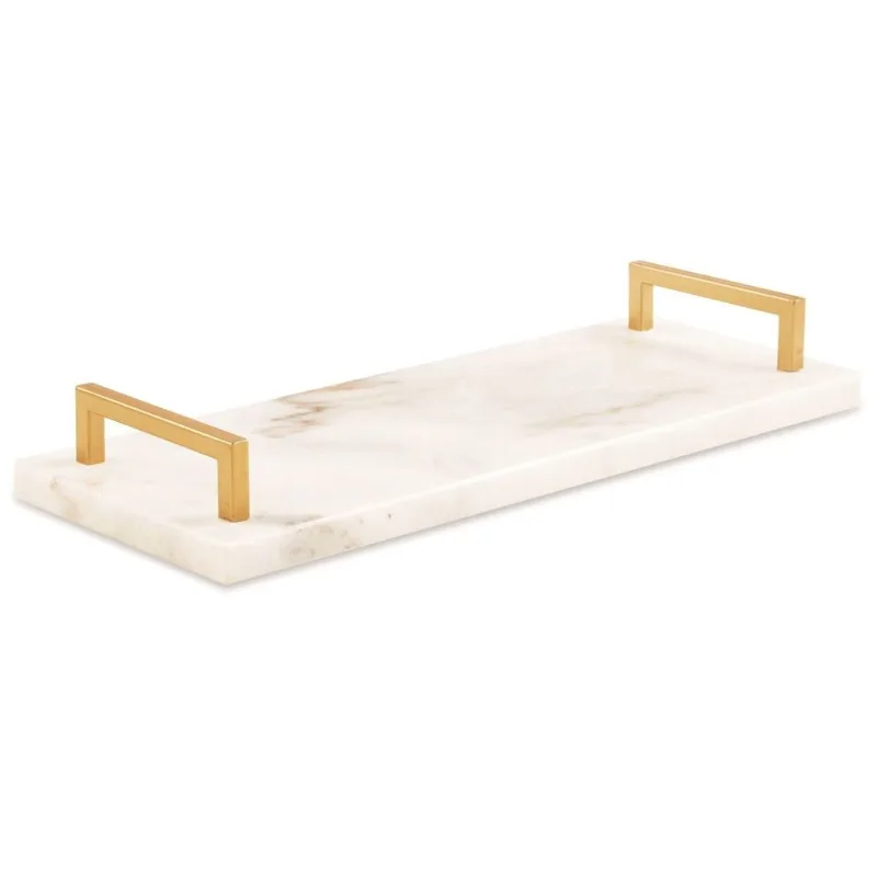 Bandeja Decorativa Mármore Branco e Alças Douradas 40x14cm