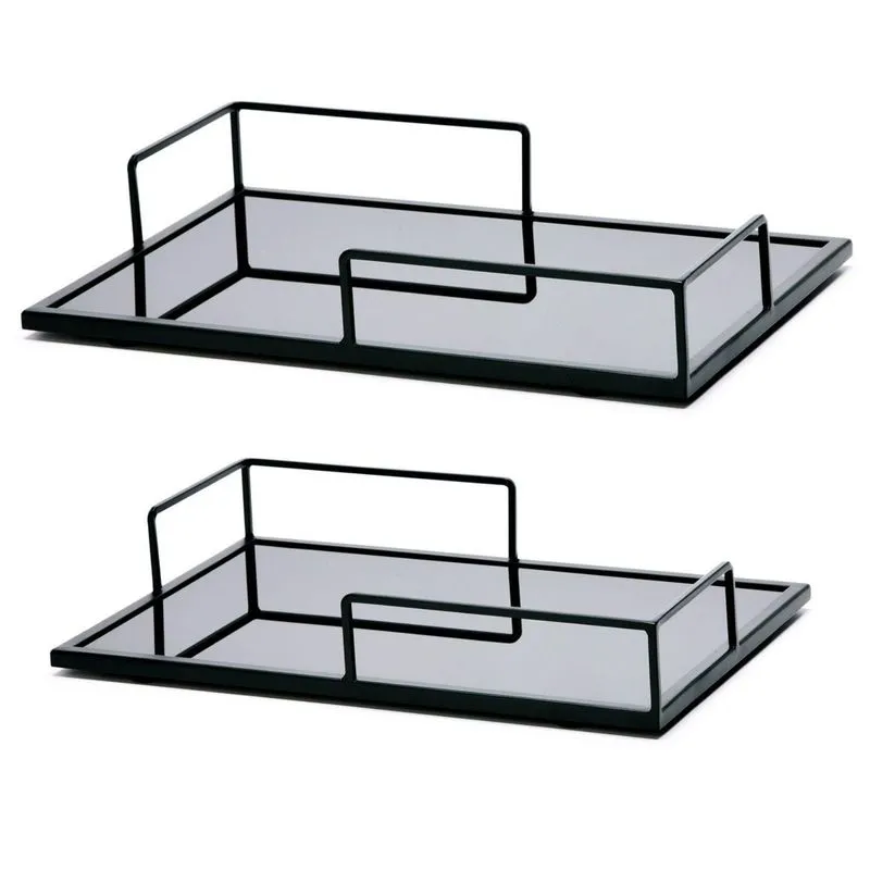 Kit Bandeja Preta Em Metal Com Vidro Preto Minimalista Mart