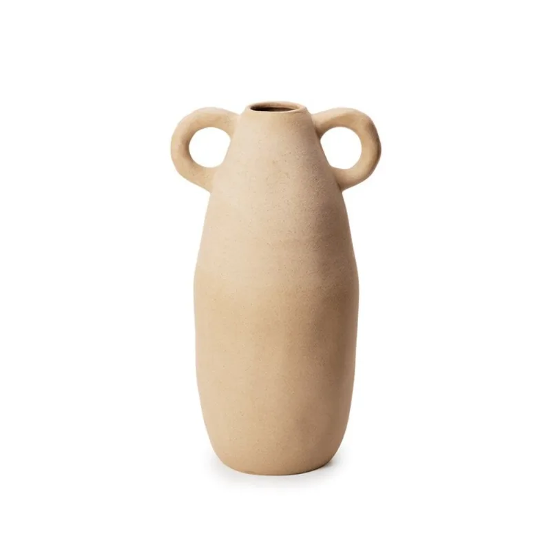 Vaso jarro bege rustico em ceramica com alça dupla