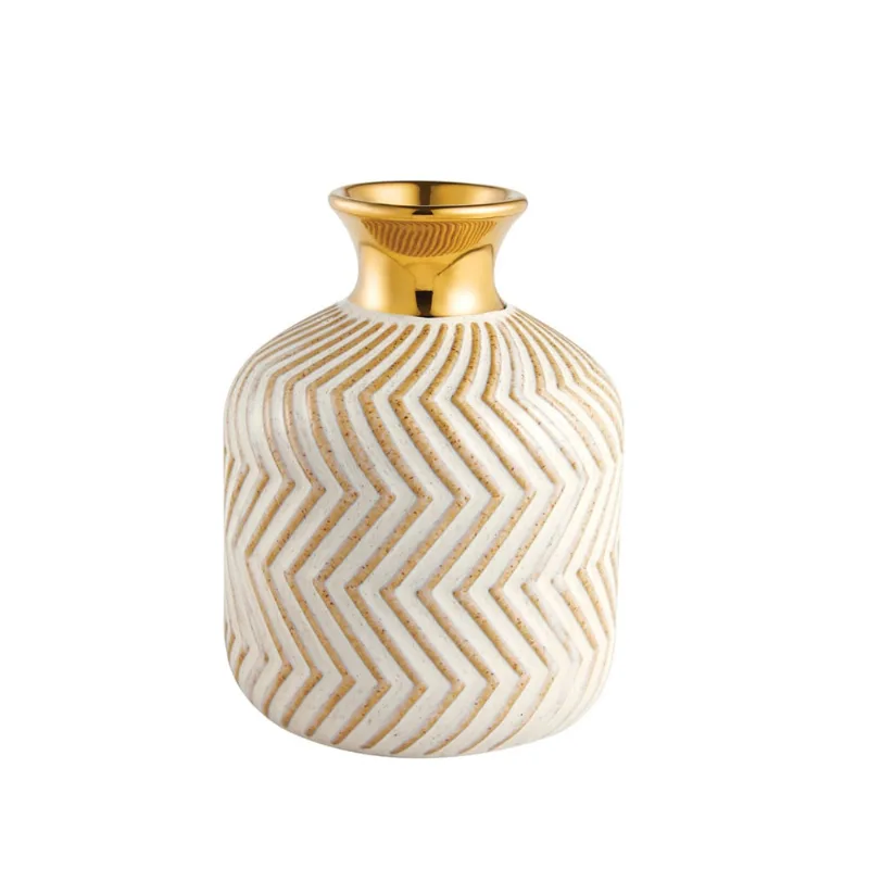 Vaso em ceramica dourado E branco bojudo com ranhuras P
