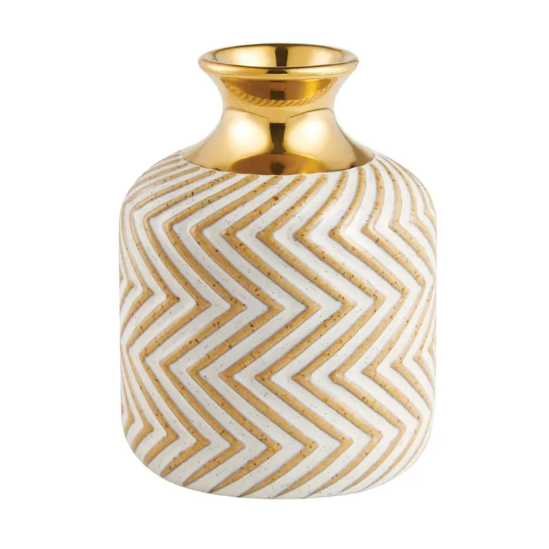 Vaso em ceramica dourado E branco bojudo com ranhuras G
