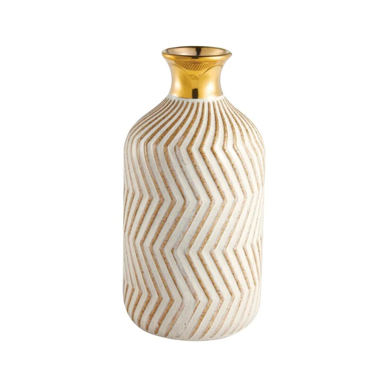 Vaso em ceramica dourado E branco com ranhuras M