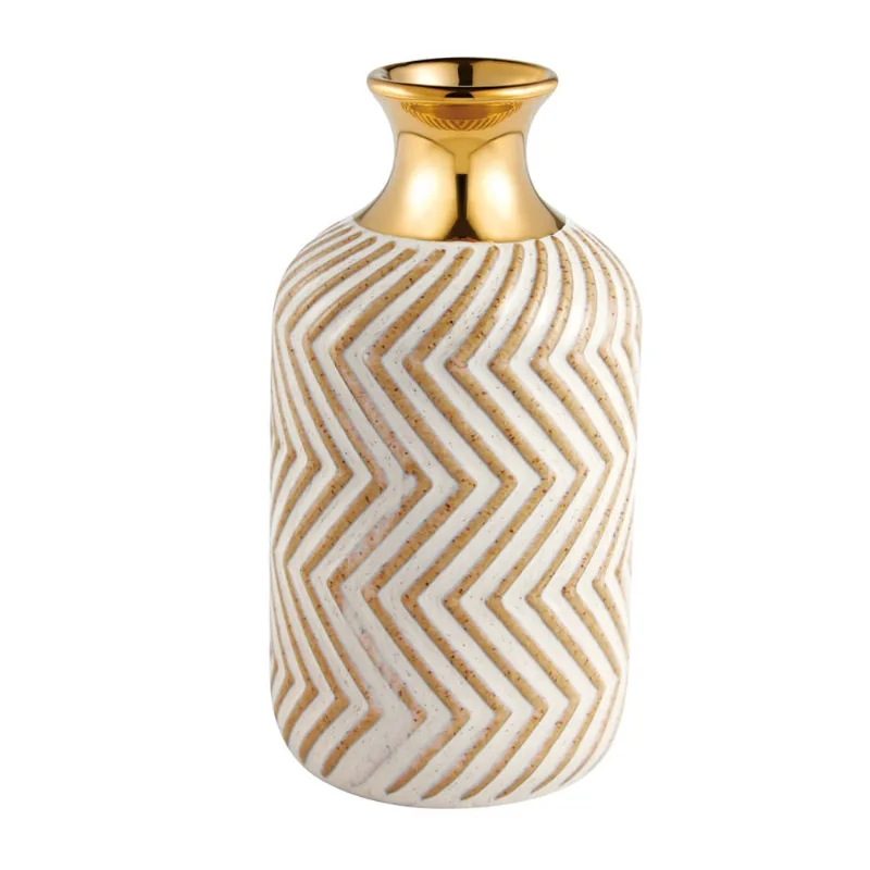 Vaso em ceramica dourado E branco com ranhuras G