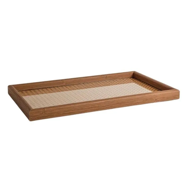 Bandeja Retangular Em Mdf Com Vidro E Rattan 45x27cm Mart