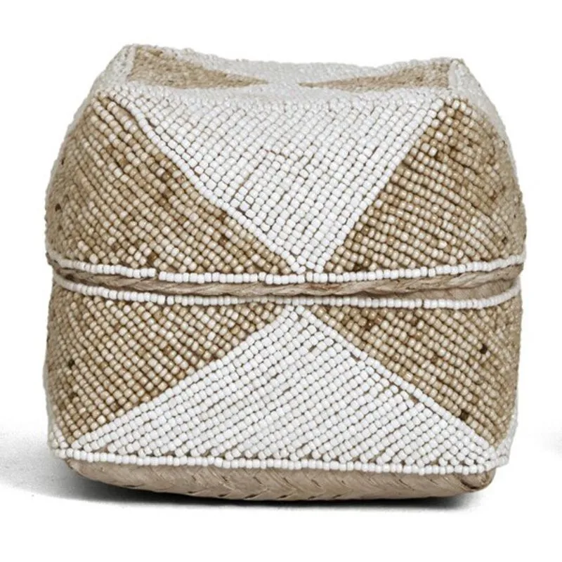 Cesta com tampa fibra bambu E micangas bege E branco mart M