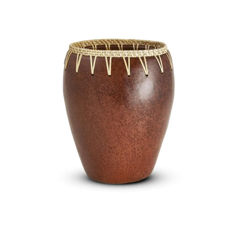 Vaso em ceramica E rattan marrom mart 23cm