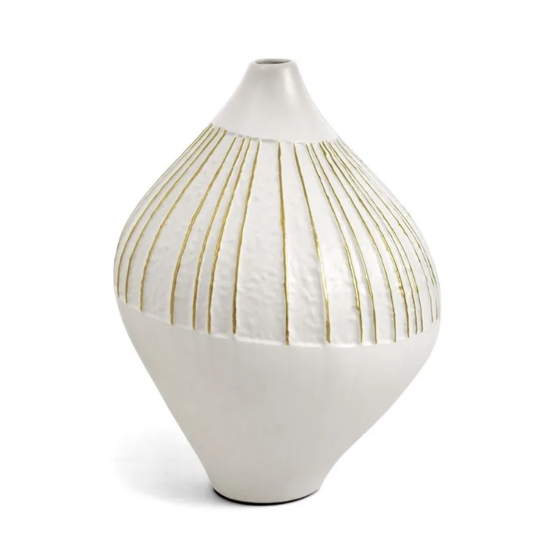 Vaso geometrico em ceramica branco com dourado 31cm mart