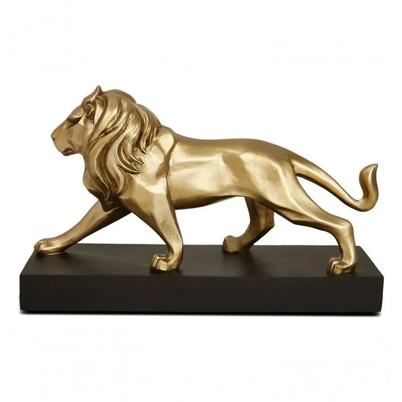 Escultura 17818 Leão Decorativo Poliresina Dourado Com Base Preta Para Sala Escritório Mart