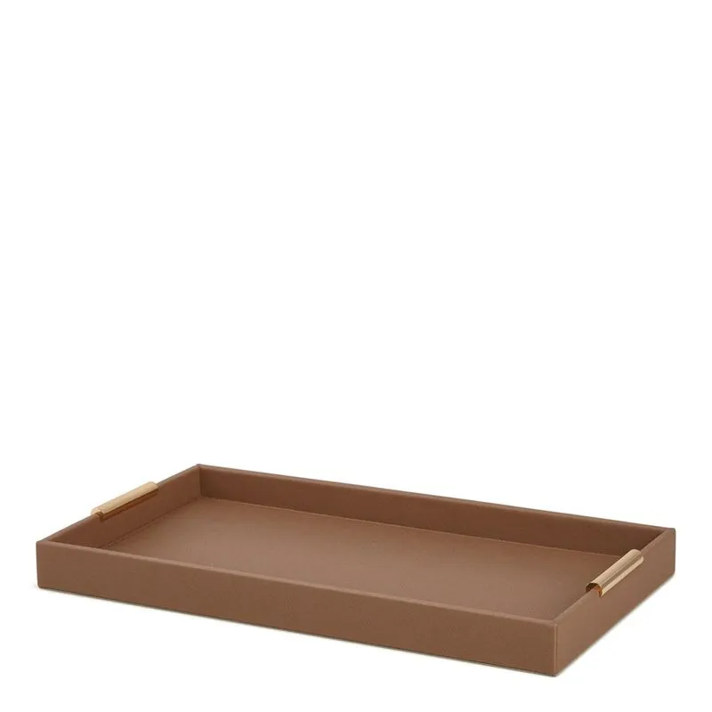 Bandeja em mdf E pu marrom alça em metal dourado mart 40cm