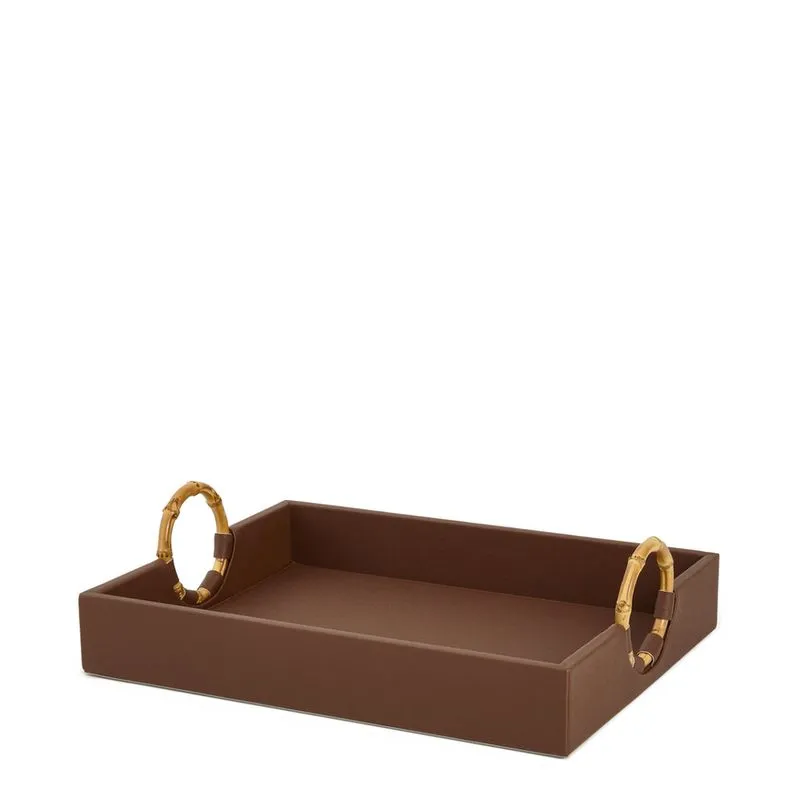 Bandeja em mdf E pu marrom com alça em bambu mart 40cm