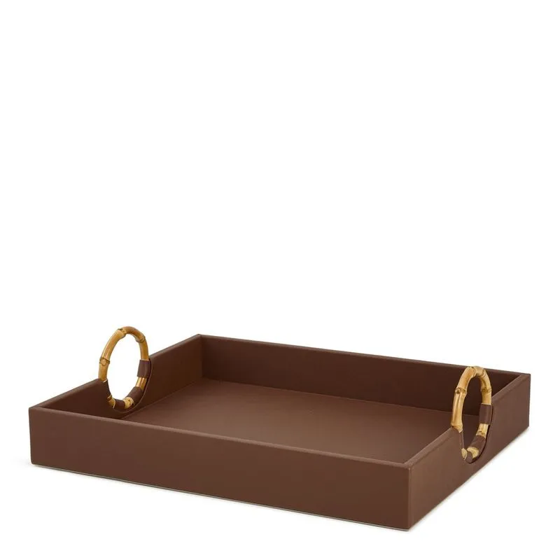Bandeja em mdf E pu marrom com alça em bambu mart 43cm