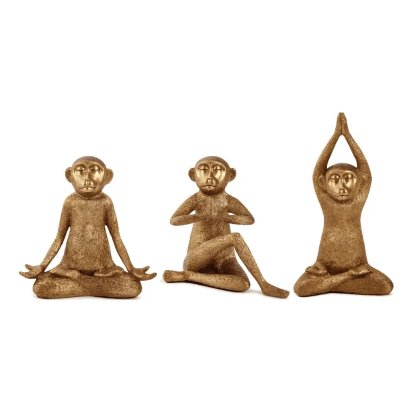 Escultura trio de macacos yoga polirresina dourado mart