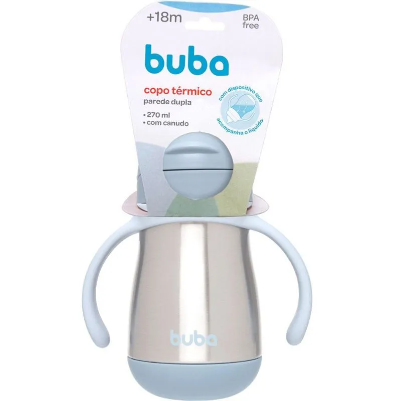 Copo Térmico Inox Parede Dupla Com Canudo E Alça Azul - Buba