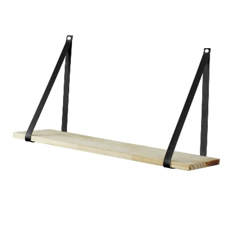 Prateleira c/ Alça de Couro em Pinus 60x30x17cm Preto Ornella Decor