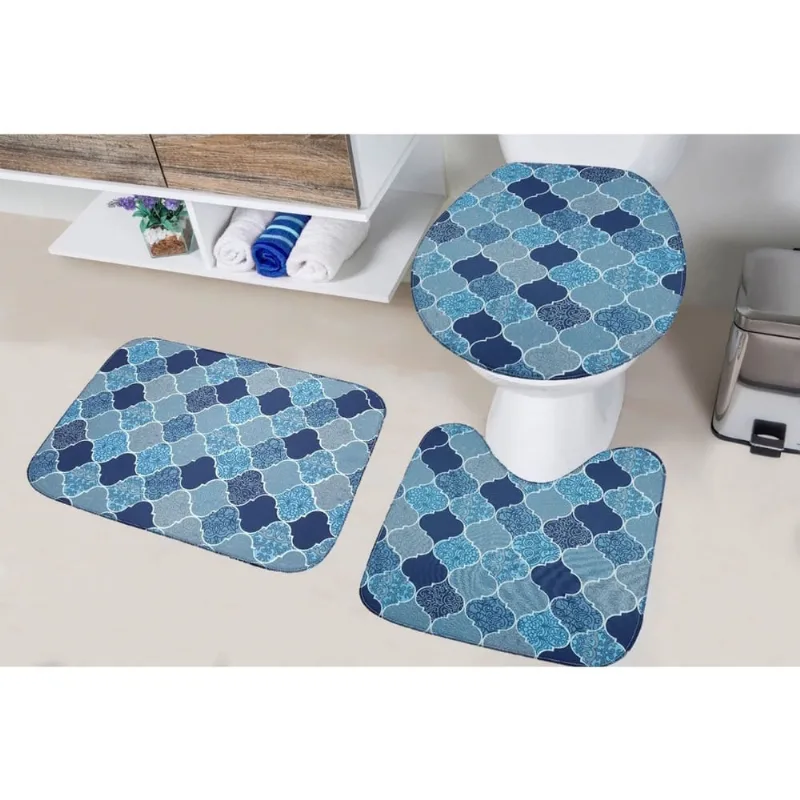 3 Tapetes banheiro e vaso sanitário azul estampado turquia