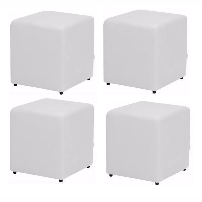 Kit 04 Puffs Quadrado Corino Branco - Nay Estofados
