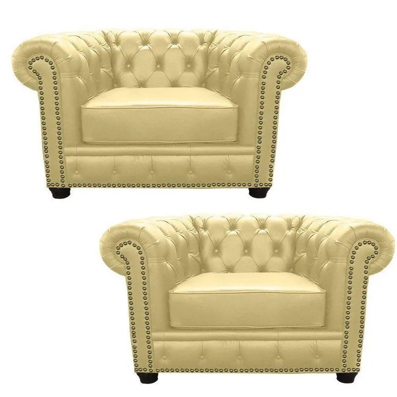 Kit 2 Poltronas Chesterfield Com Pés Madeira Couro Bege - Gran Belo