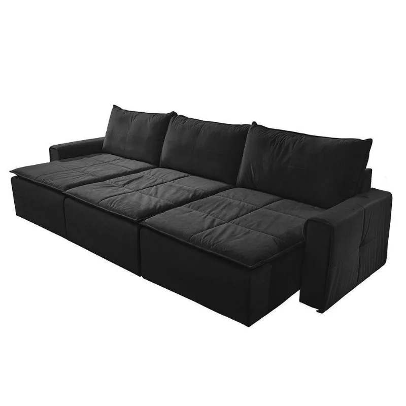 Sofá Retrátil 5 Lugares Luxo 308cm Veludo Preto