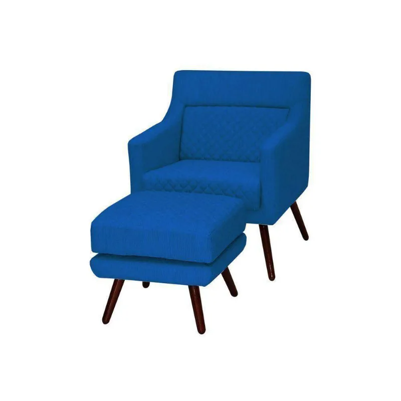 Poltrona Mary com Puff Veludo Azul