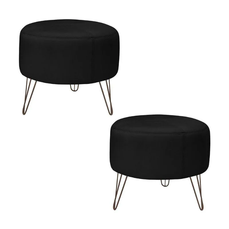 Kit 2 Puffs Decorativos Redondo Pés Metal Couro Preto