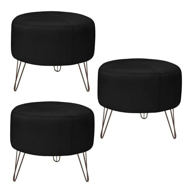 Kit 3 Puffs Decorativos Redondo Pés Metal Couro Preto