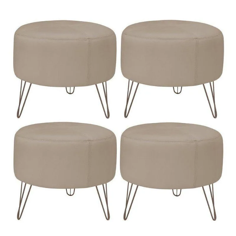Kit 4 Puffs Decorativos Redondo Pés Metal Couro Bege