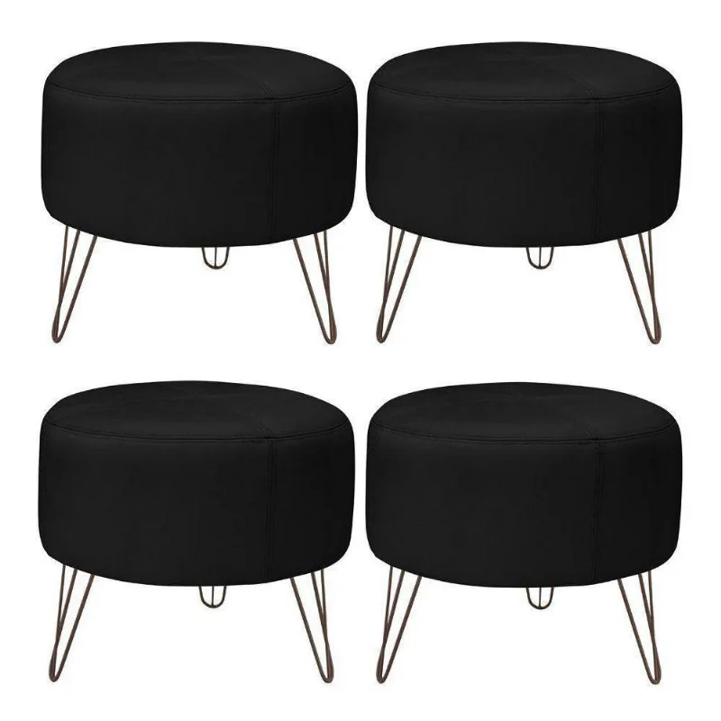 Kit 4 Puffs Decorativos Redondo Pés Metal Couro Preto