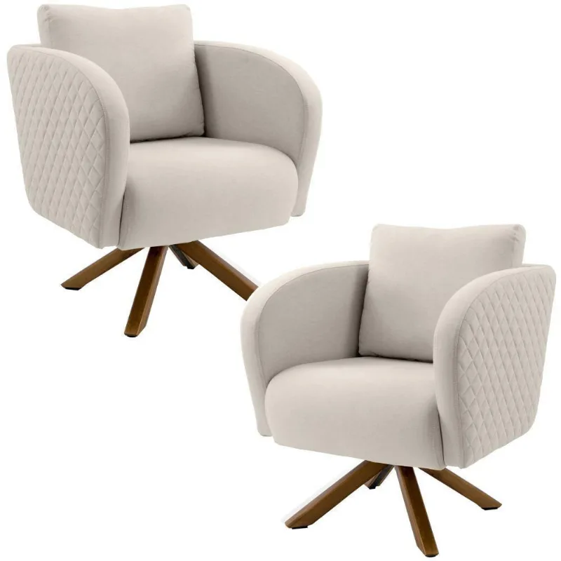 02 Poltronas Decorativas Sala Estar Dama Base Giratória Bege