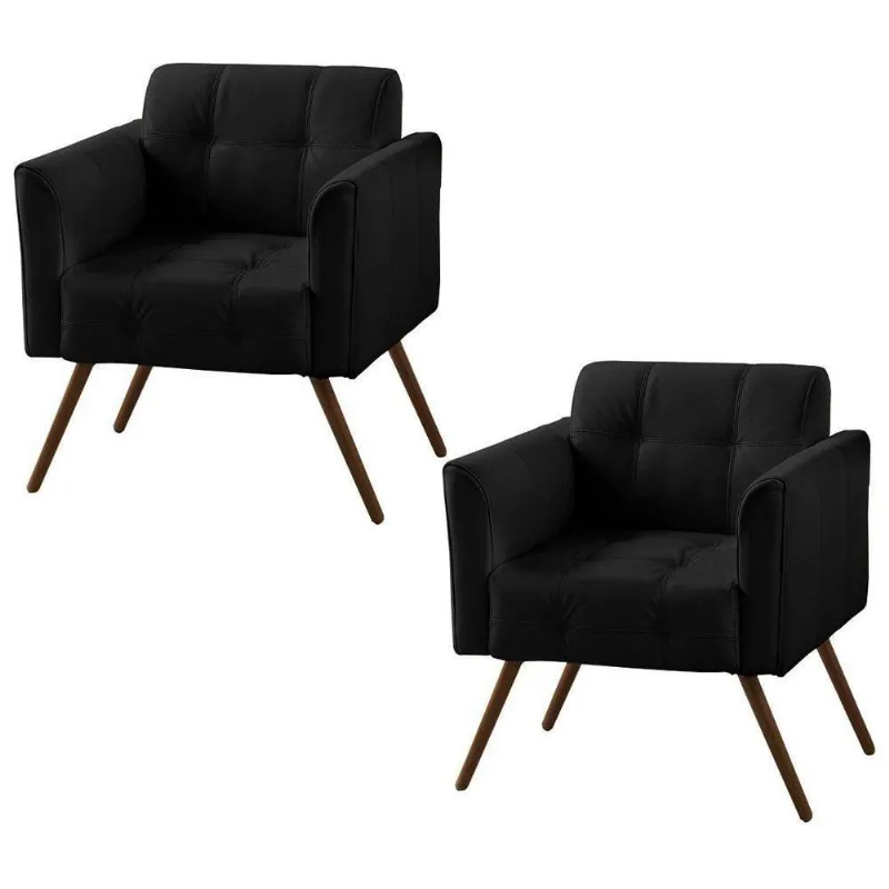 Kit 02 Poltronas Decorativa Bia Couro Preto Brilho Gran Belo