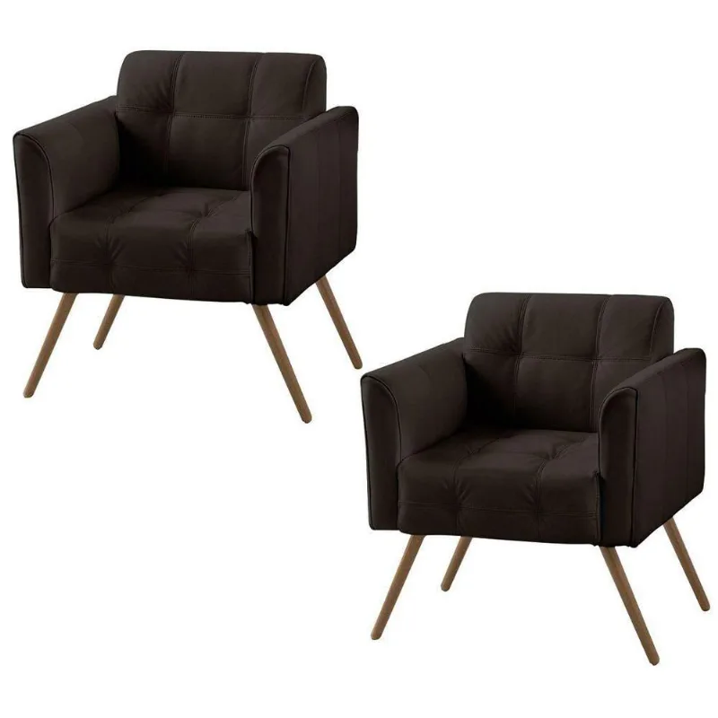 Kit 02 Poltronas Decorativa Bia Couro Marrom Brilho