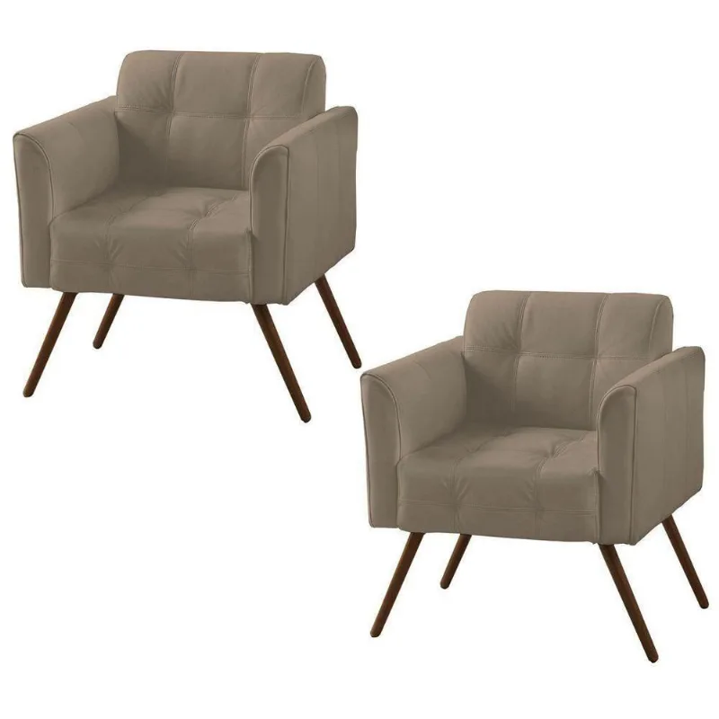 Kit 02 Poltronas Decorativa Bia Couro Bege 66 Gran Belo