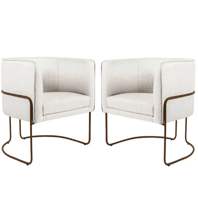 02 Poltronas Decorativas Sala De Estar Base Aço Linho Creme