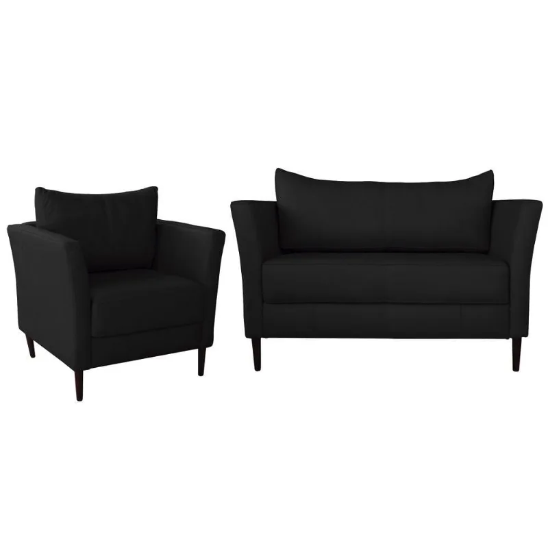 Conjunto Sofá 2 Lugares com Poltrona Pés Palito Lubbock Couro Preto - Gran Belo