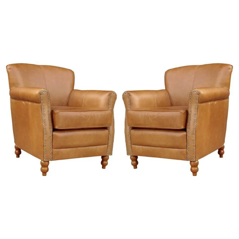 Kit 02 Poltronas Decorativas Brunei Pés Madeira Couro Camel