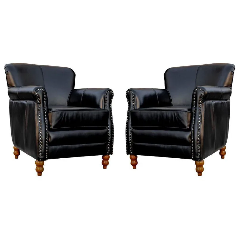 Kit 02 Poltronas Decorativas Sala de Estar Brunei Pés Madeira Couro Preto Gran Belo