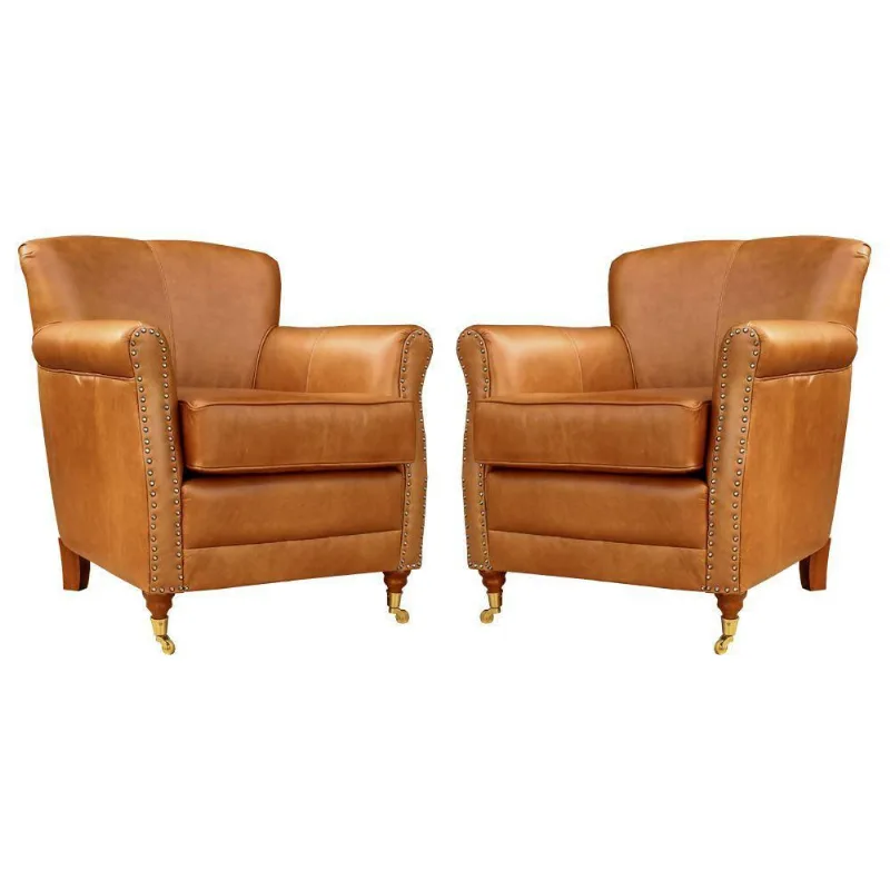 Kit 02 Poltronas Decorativas Pés Príncipe Couro Camel