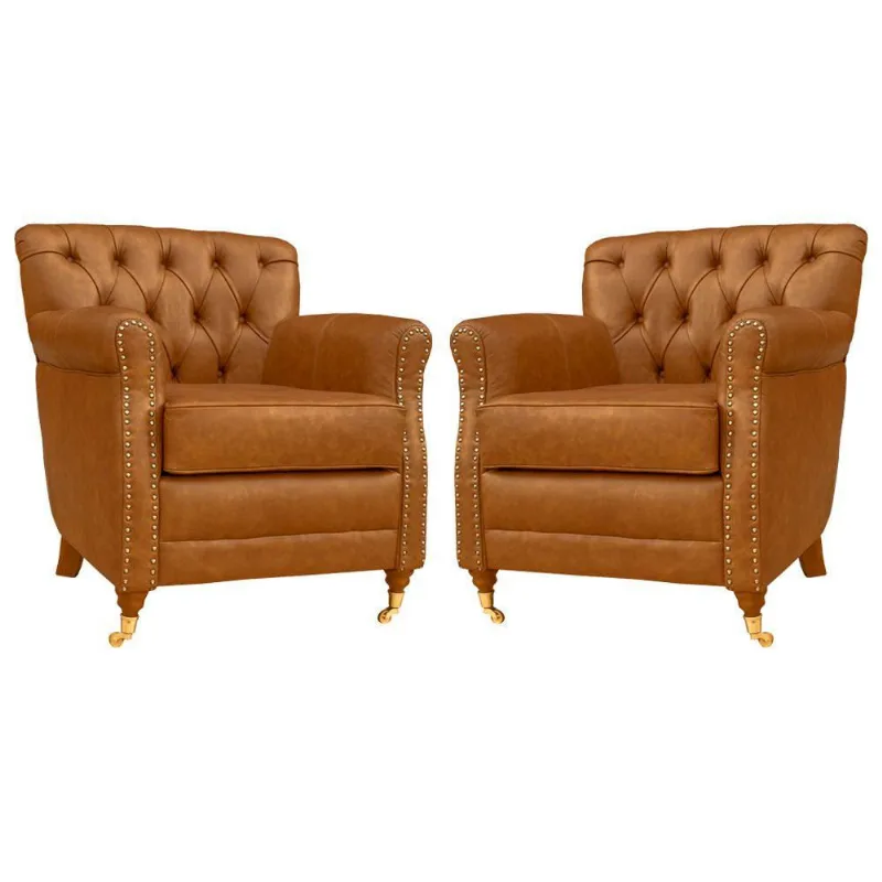 Kit 02 Poltronas Decorativas Sala de Estar Níger Pés Príncipe Couro Mel - Gran Belo