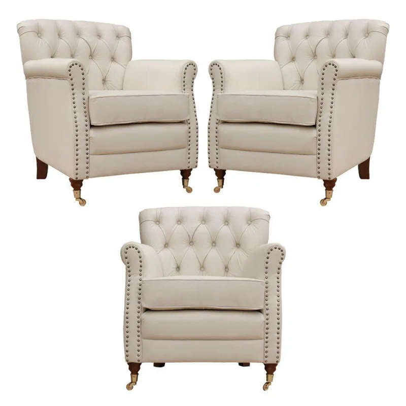 Kit 03 Poltronas Decorativas Sala de Estar Níger Pés Príncipe Couro Off White - Gran Belo