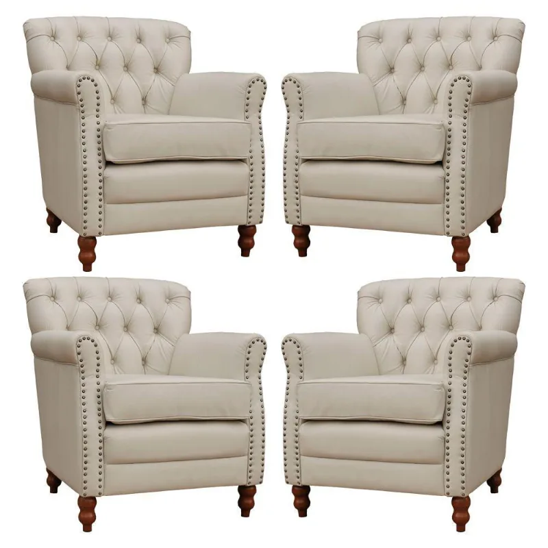Kit 04 Poltronas Decorativas Sala de Estar Níger Pés Madeira Couro Off White - Gran Belo