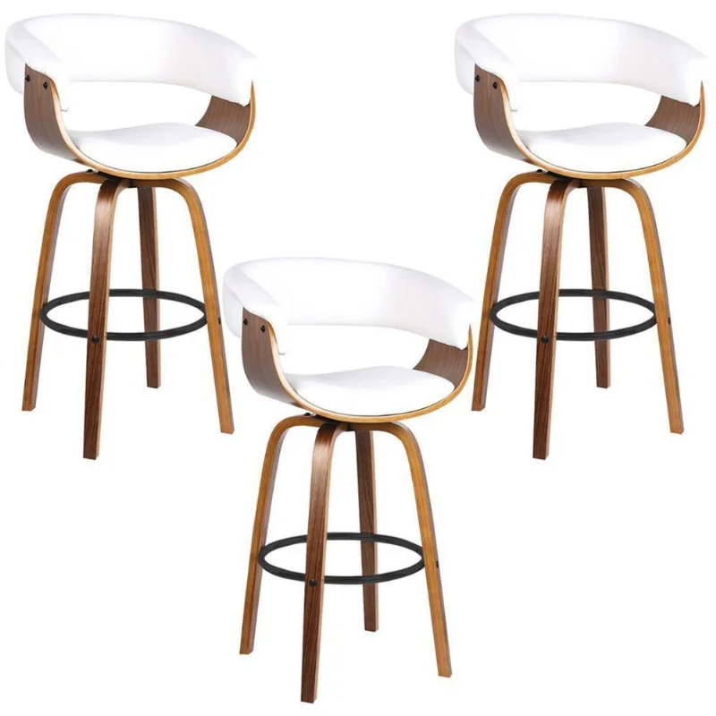 Kit 03 Banquetas para Cozinha Giratória Brenna Base Madeira Pu Branco Gran Belo