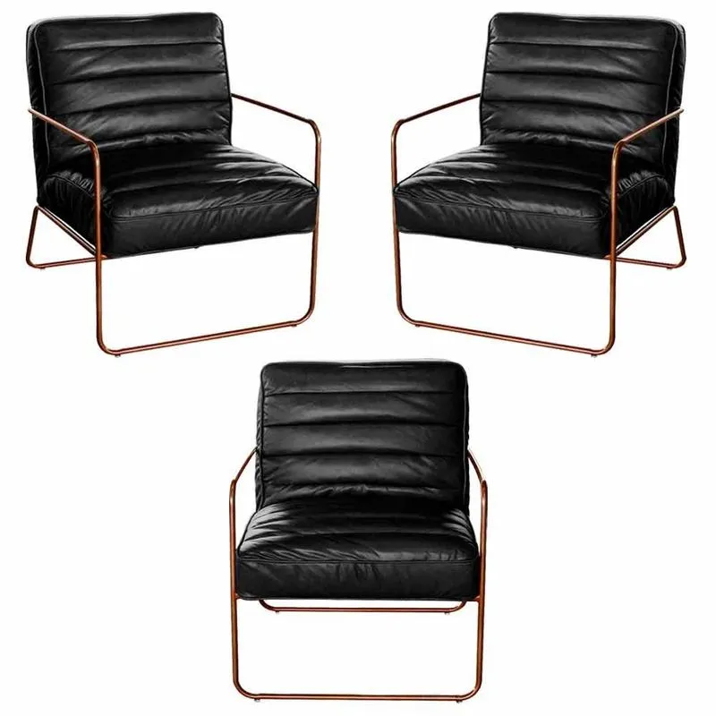 Kit 3 Poltronas Decorativas Sala De Estar Base De Ferro Mali Couro Preto - Gran Belo