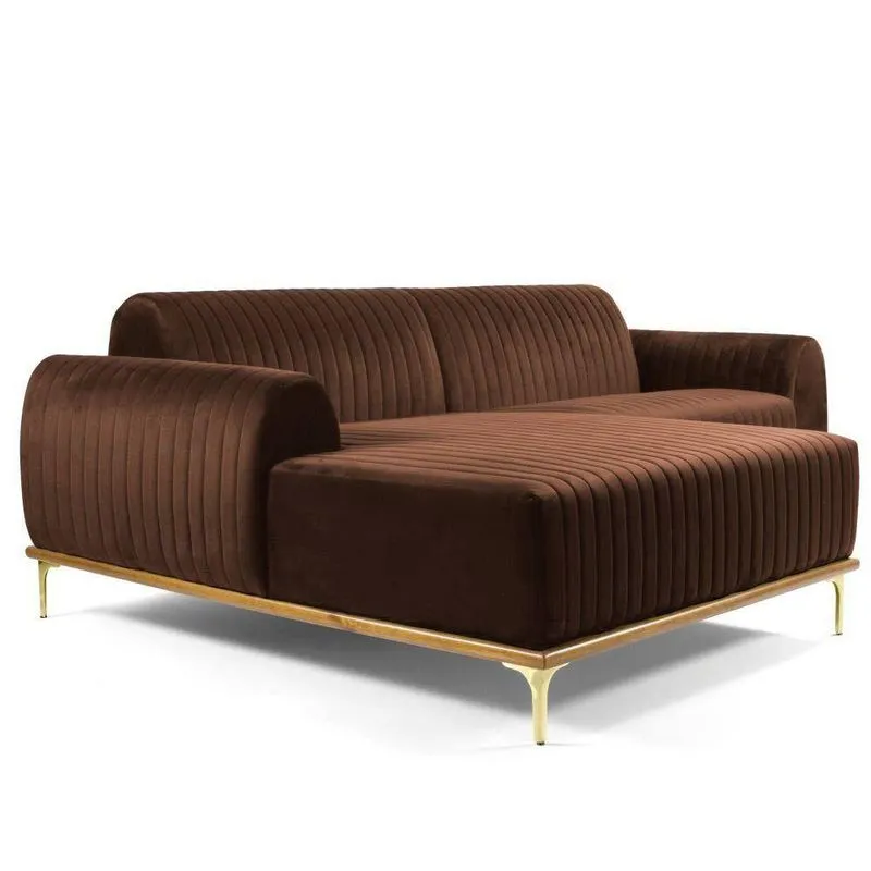 Sofá 3 Lugares com Chaise Base de Madeira Euro 230 Cm Marrom