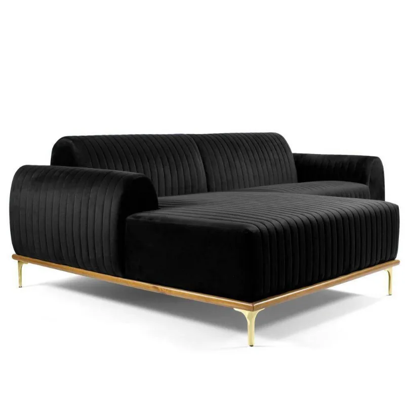 Sofá 3 Lugares com Chaise Base de Madeira Euro 230 Cm Preto