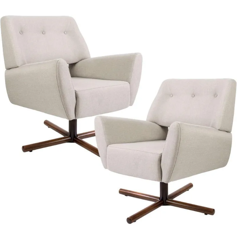 Kit 02 Poltronas Giratória Roma Algodão Bege Cru Gran Belo
