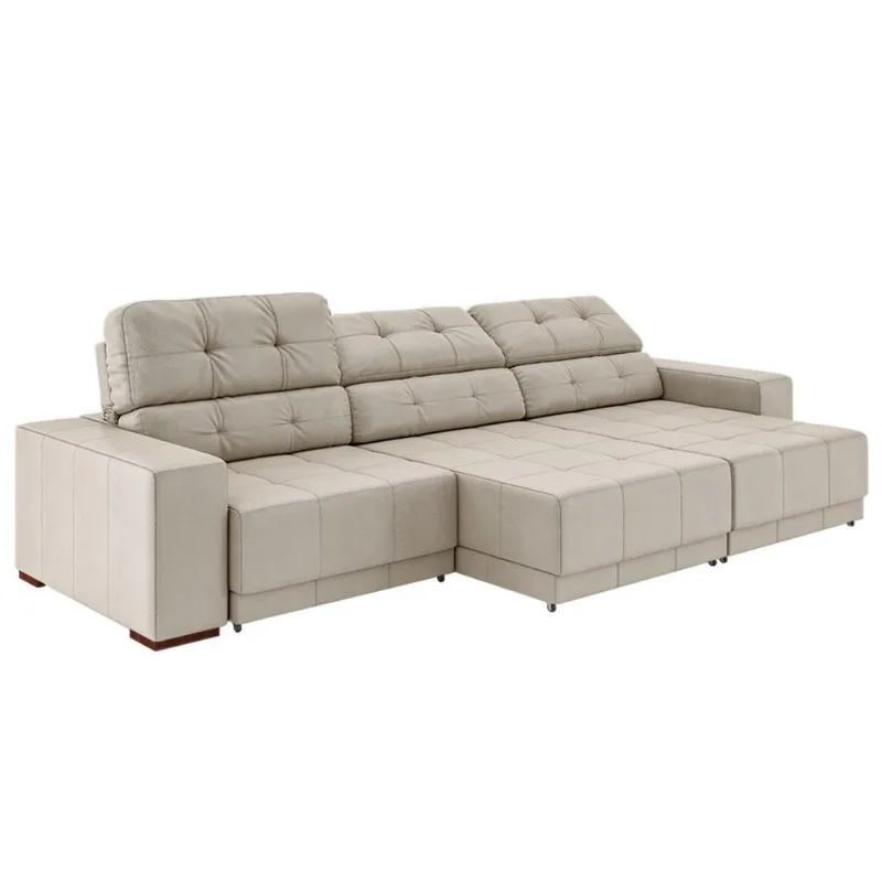 Sofá Sala de Estar Retrátil e Reclinável 5 Lugares Lisboa 350cm Off White Couro - Gran Belo