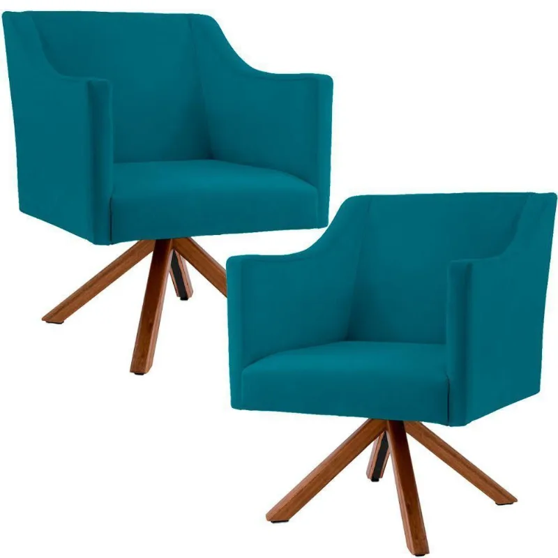 Kit 02 Poltronas Decorativas Giratória Base Veludo Turquesa